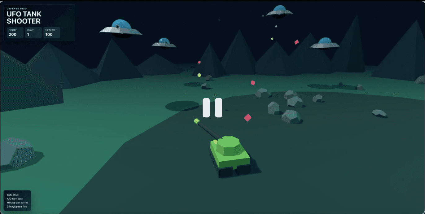 Low-poly 3D UFO Tank Shooter game built with three.js — a green tank on rolling terrain shoots down flying saucers