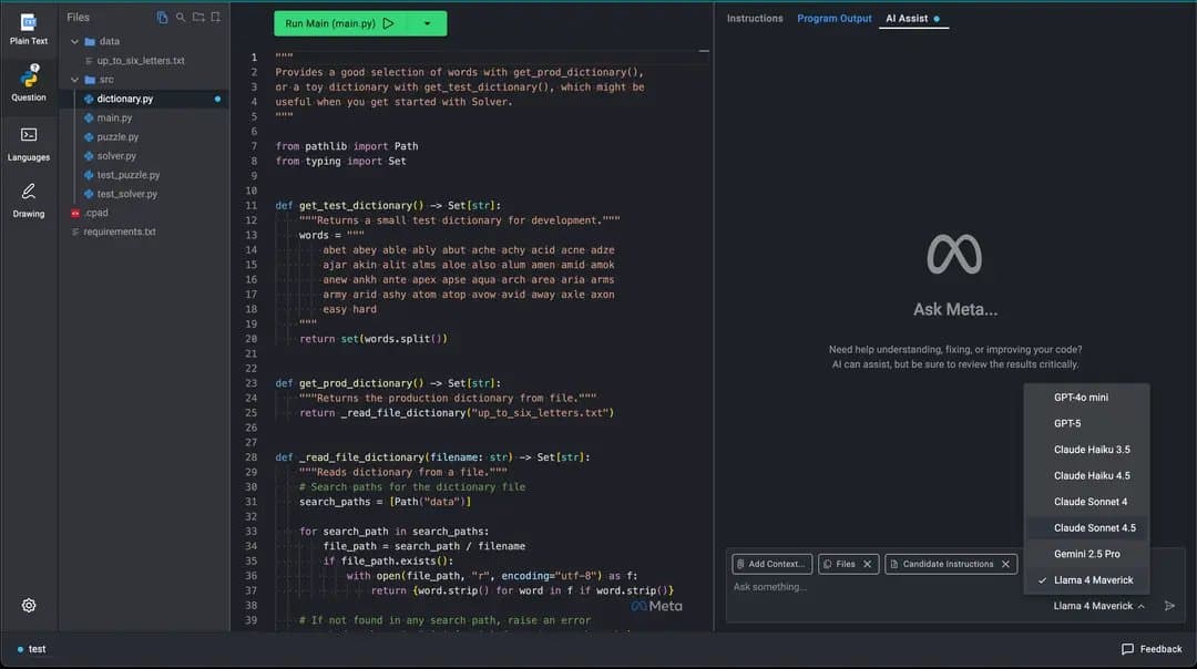 Meta's internal AI coding tool — an IDE with Ask Meta AI assistant