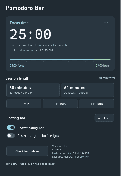 Pomodoro Bar editor with editable time, presets, visibility and resize controls
